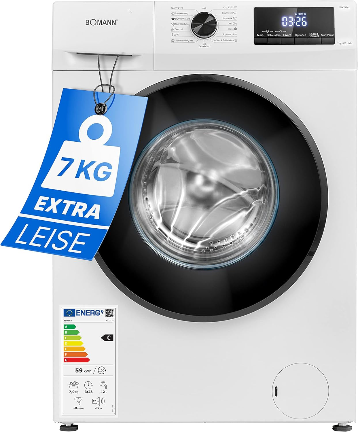 Bomann WA 7174 7Kg Frontlader Waschmaschine, 60 Cm Breit, 1400 U/Min, Fremdkörperfalle, Kindersicherung, Reversierautomatik, 15 Waschprogramme, Weiß