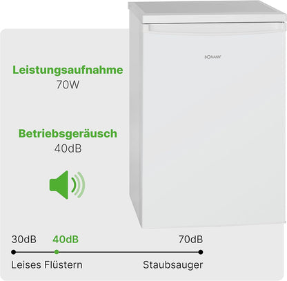 Bomann Réfrigérateur 133L Blanc Vs2185-1-Blanc, Capacité Nette : 133 Litres, Éclairage Intérieur À DEL, Contrôle De La Température En Continu, 3 Clayettes En Verre