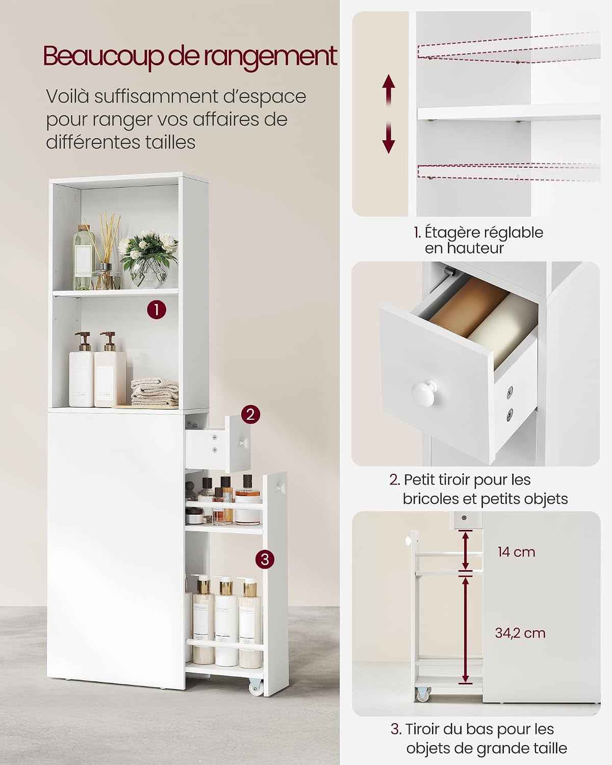 Custos Collection - Meuble De Salle De Bain Haut Et Fin, Colonne De Rangement Avec Tiroirs Et Étagère Réglable, Armoire Pour Petits Espaces, Style Moderne, Blanc Classique BBK567T14V1