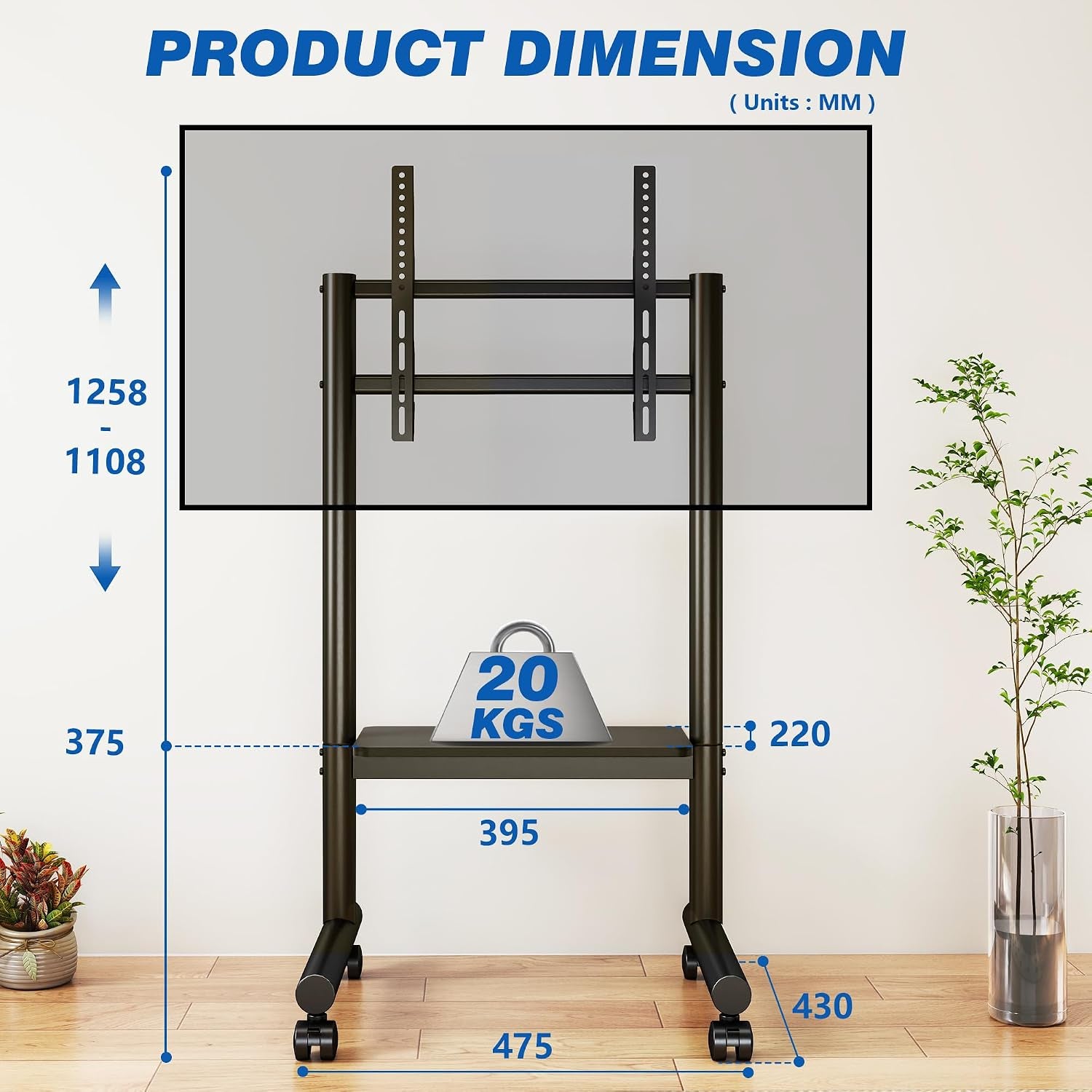 Support TV Roulettes Support TV Sur Pied Avec Roulettes Pour Téléviseurs 32 À 70 Pouces LCD/LED/OLED, Support Tele Mobile Universel Réglable En Hauteur Jusqu'À 50 Kg, Max. VESA 400X400 Mm