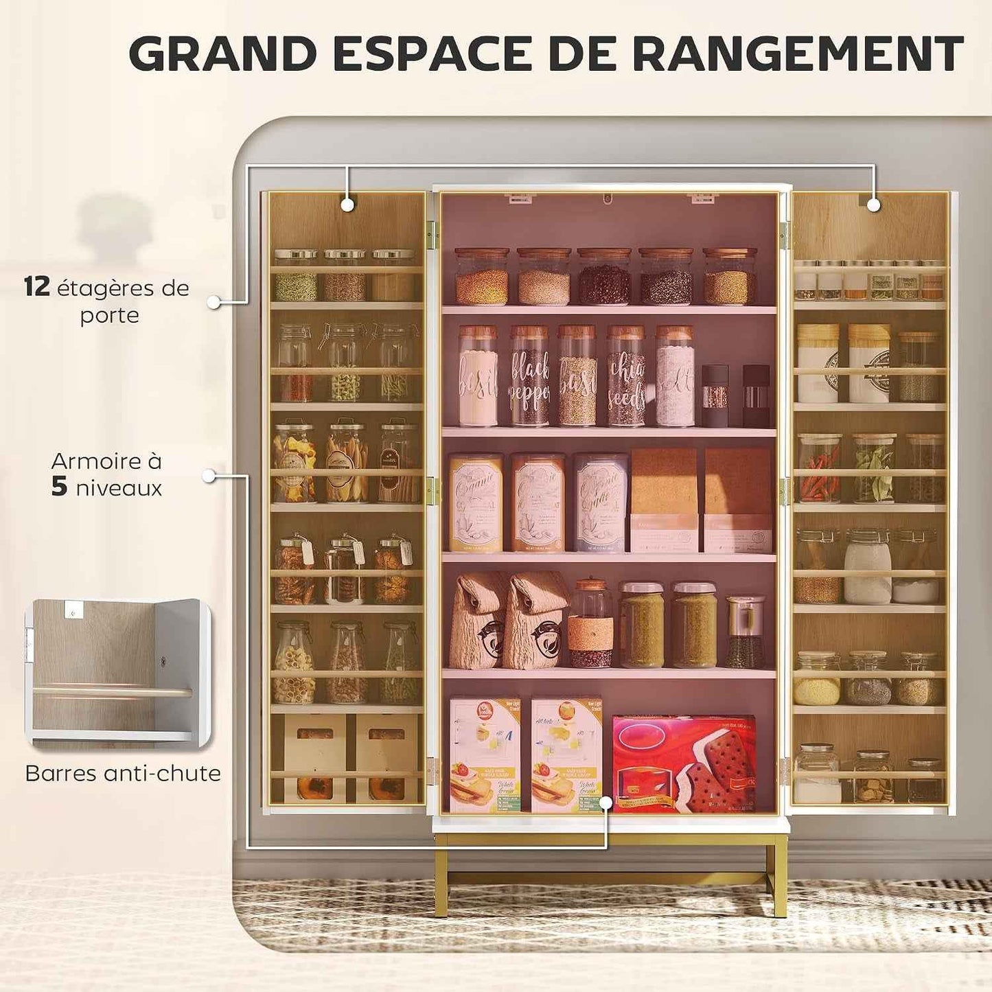 Buffet Cuisine Garde Manger 12 Étagères Portes 58X29X119,5Cm Blanc | Meuble Cuisine Rangement, Vaisselier, Étagères Réglables, Double Porte À Lattes, Pour Salle À Manger, Salon