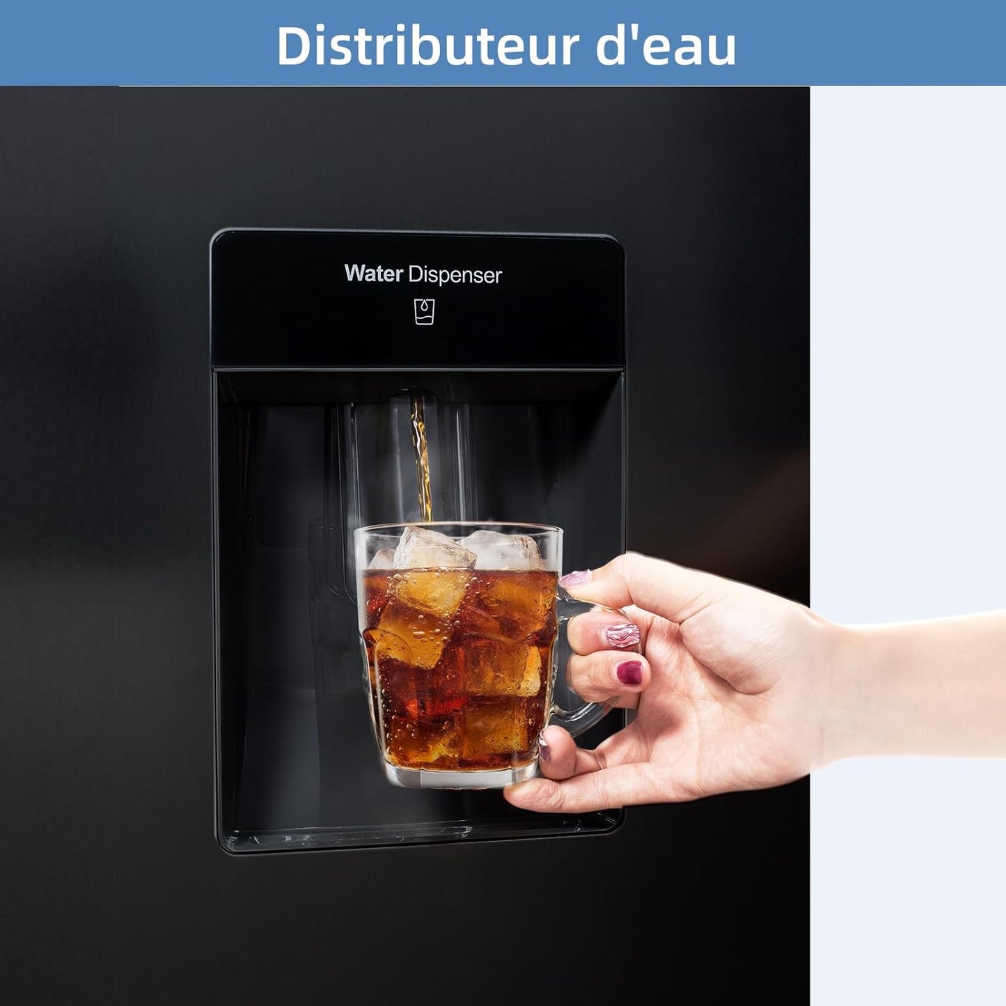 250L Réfrigérateur Autoportant Sans Givre,250L,Congélation À -24℃, Électronique Tactile, Compresseur Avec Garantie De 12 Ans, Distributeur D'Eau, Faible Niveau Sonore De 39 Db, Noir