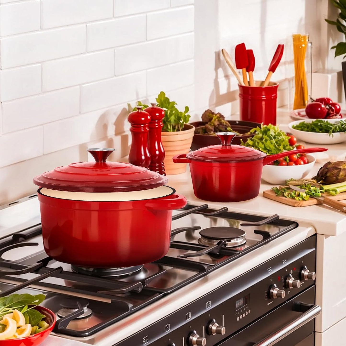 7 Pièces Batterie De Cuisine Induction En Fonte Émaillée | Tous Feux, Induction Et Four, 100% Sans PFOA, PTFE, Plomb, Cadmium, Rétention De Chaleur Maximale Pour Mijoter