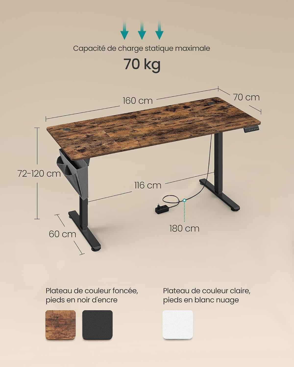 Bureau Électrique Réglable En Hauteur, 160 X 70 Cm, Table Assis-Debout, Fonction Mémoire 4 Hauteurs, Pour Bureau, Télétravail, Marron Rustique Et Noir D'Encre LSD136K01