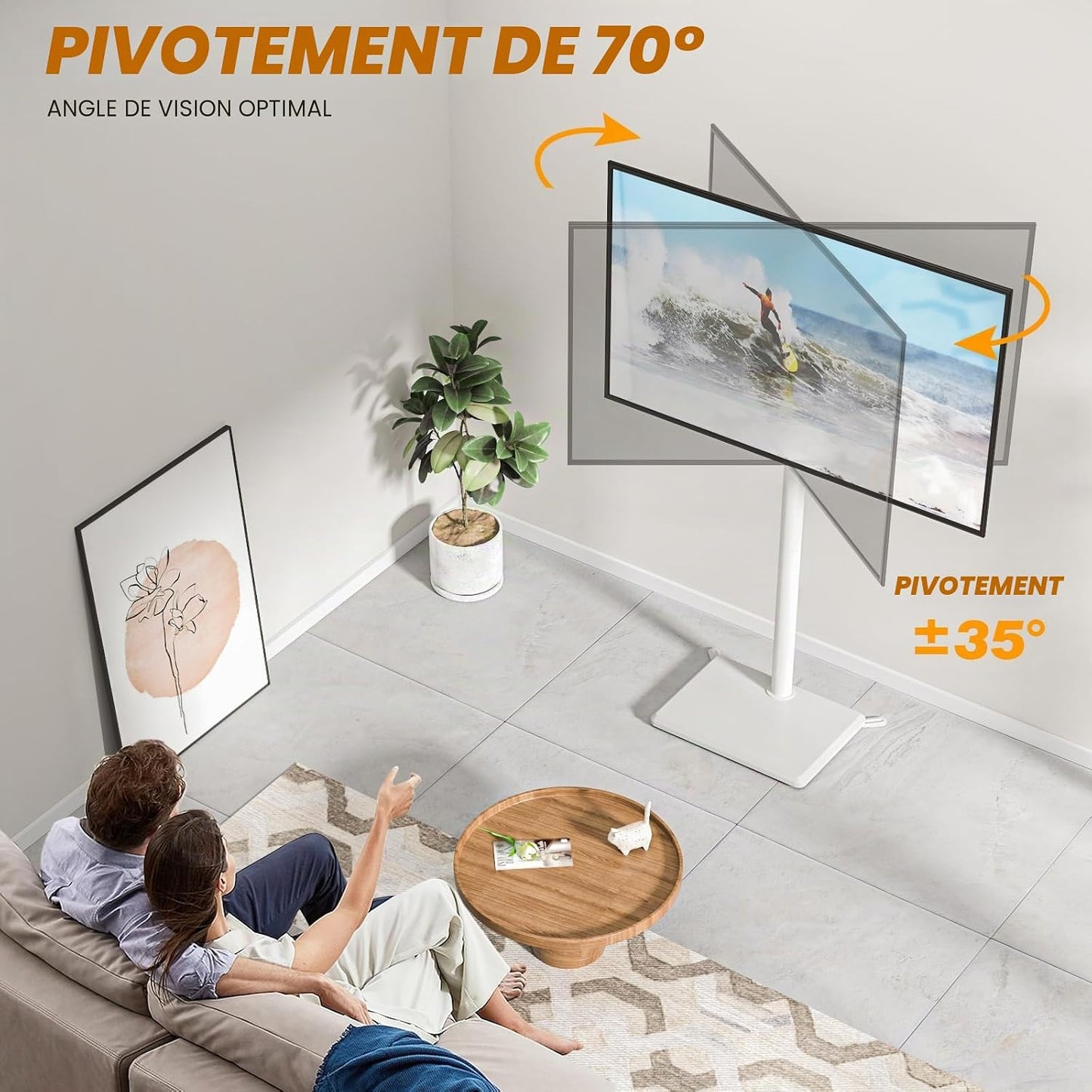 Support TV Au Sol Pour Téléviseurs De 32 À 60 Pouces, Support TV Haut Avec Pieds De Support, Support Tvs D'Angle Slim, Hauteur Réglable, Pivotant, Max VESA 400X400Mm Jusqu'À 40Kg