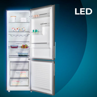 Réfrigérateur Bolero Coolmarket Combi 322 Glass Grey D. Multi Airflow, Total No Frost, Humidity Box, Crisper Box, Mode Vacances, Mode Économie, Porte Réversible, Fast Freezing, Fast Cooling