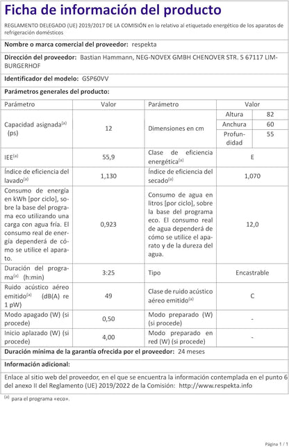 Respekta Lave-Vaisselle Entièrement Intégré 60 Cm / Lave-Vaisselle Encastré Avec Panier À Couverts / 4 Programmes / Départ Différé / 12 Couverts / GSP60VV / Silencieux 49 Db