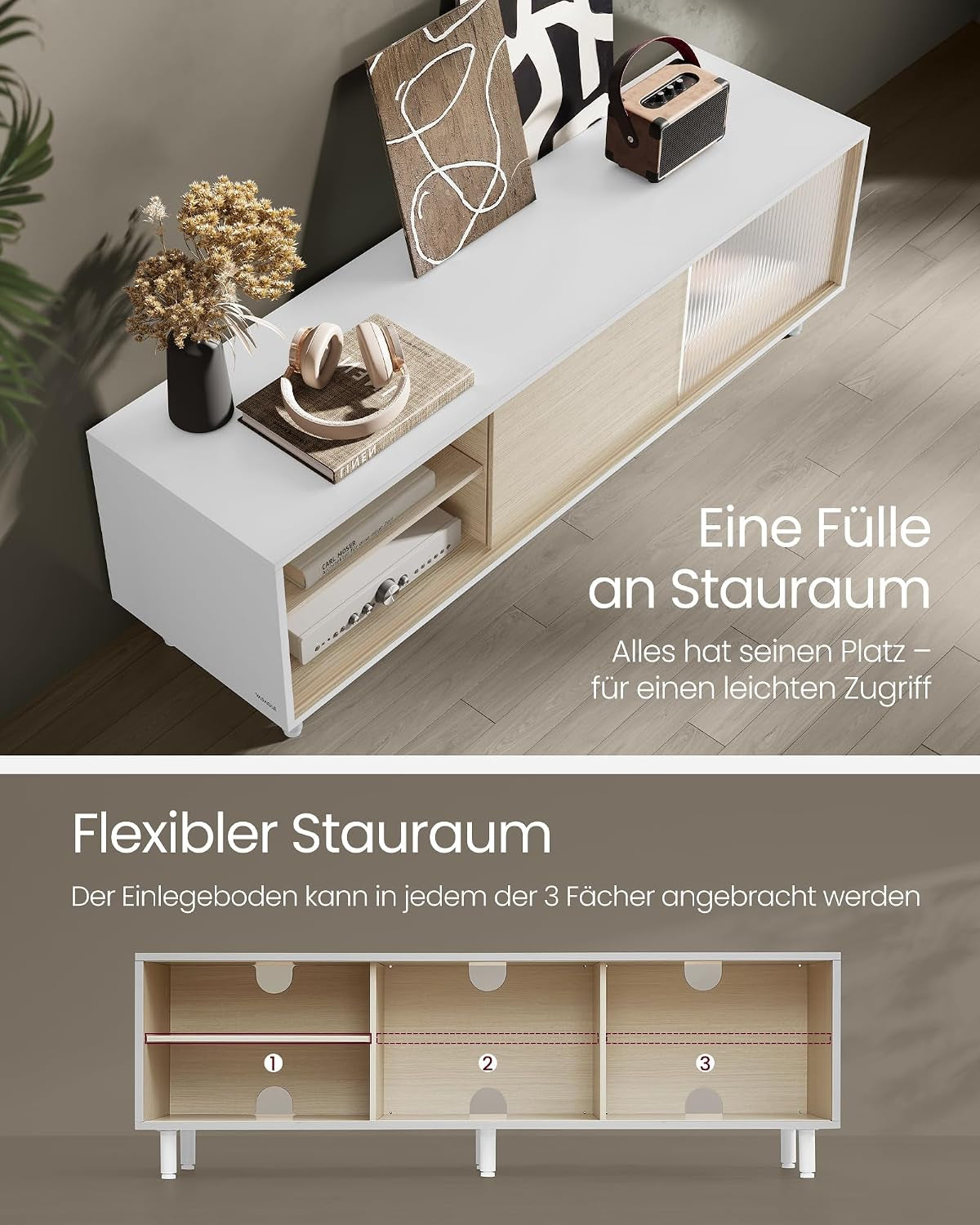 Meuble TV, Assemblage Ultra-Rapide Sans Outils Toolless, Table Télé, Pour Téléviseur Jusqu’À 32/45/50/55/60 Pouces, Salon, Verre Cannelé, Moderne, 140 X 39 X 45 Cm, Blanc LTV466W01