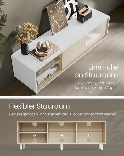 Meuble TV, Assemblage Ultra-Rapide Sans Outils Toolless, Table Télé, Pour Téléviseur Jusqu’À 32/45/50/55/60 Pouces, Salon, Verre Cannelé, Moderne, 140 X 39 X 45 Cm, Blanc LTV466W01