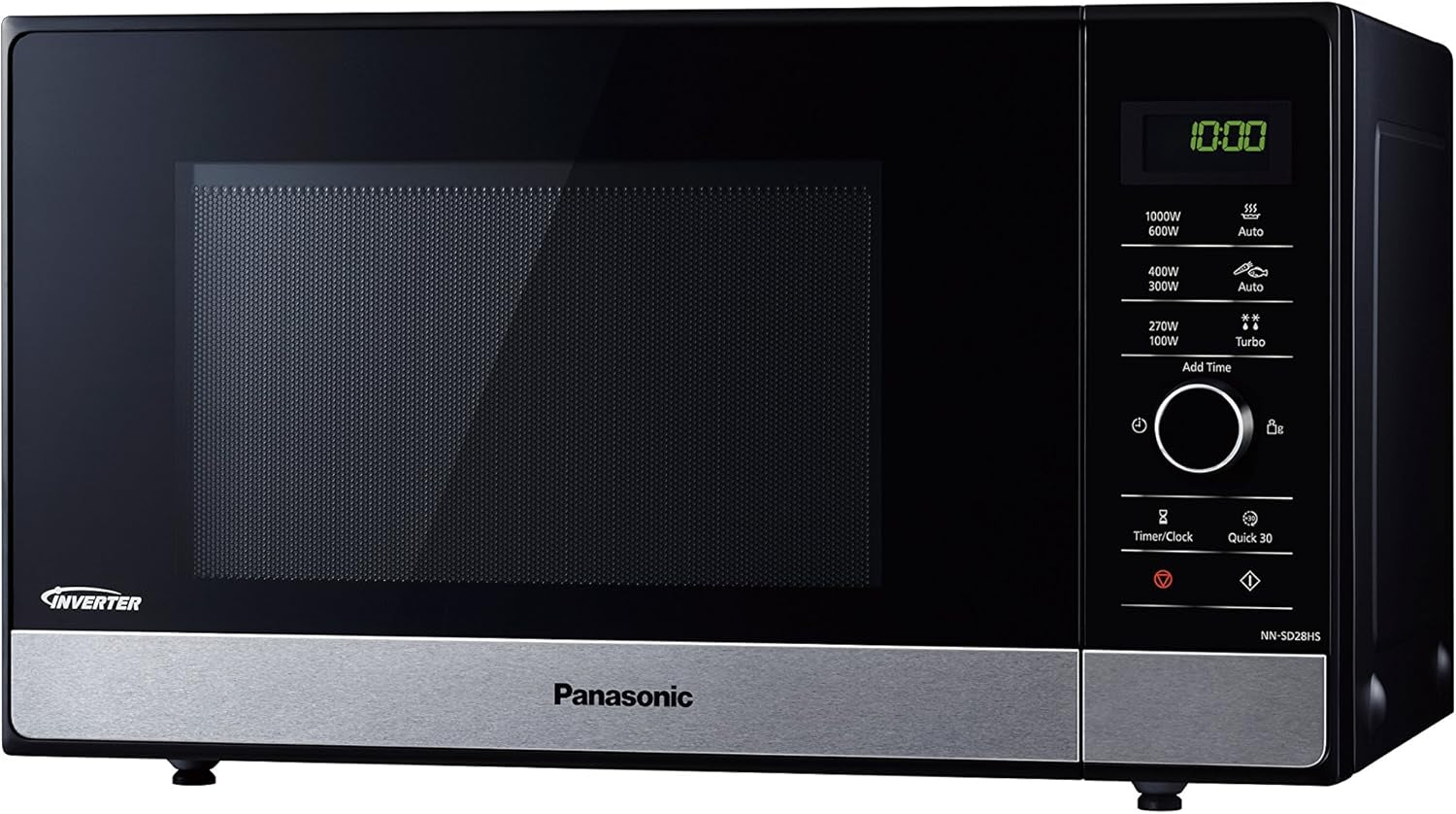 NN-SD28HSGTG-F Four Micro-Ondes Technologie Inverter Plateau Tournant En Verre, 23L, 1000W, 10 Programmes Auto, Décongélation Turbo, 6 Puissances, Minuterie, LED, Acier Inoxydable Noir