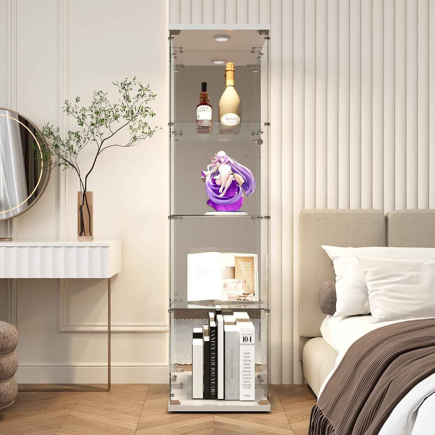 Vitrine En Verre, Meuble De Rangement Autonome Avec Éclairage LED Et Effet Miroir, Vitrine En Verre À 4 Couches, Convient Pour Bureau, Salon, Cuisine, 164 X 42,5 X 36,5 Cm (Blanc)