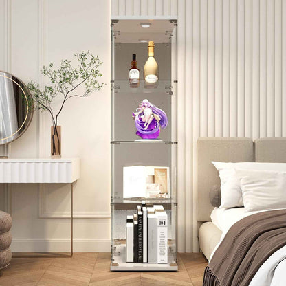 Vitrine En Verre, Meuble De Rangement Autonome Avec Éclairage LED Et Effet Miroir, Vitrine En Verre À 4 Couches, Convient Pour Bureau, Salon, Cuisine, 164 X 42,5 X 36,5 Cm (Blanc)