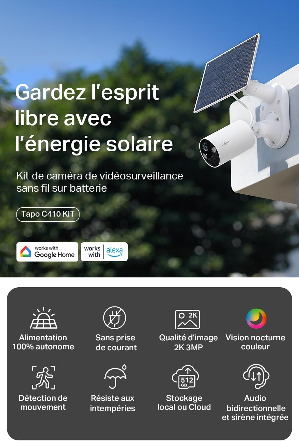 2K Camera Exterieur Sans Fil Solaire Detection Personne IA,C410 KIT | Alimentation Électrique Continue,Vision Nocturne Couleur, Stockage Flexible Microsd 512Go/Cloud,Ip65,Aucun Hub Requis