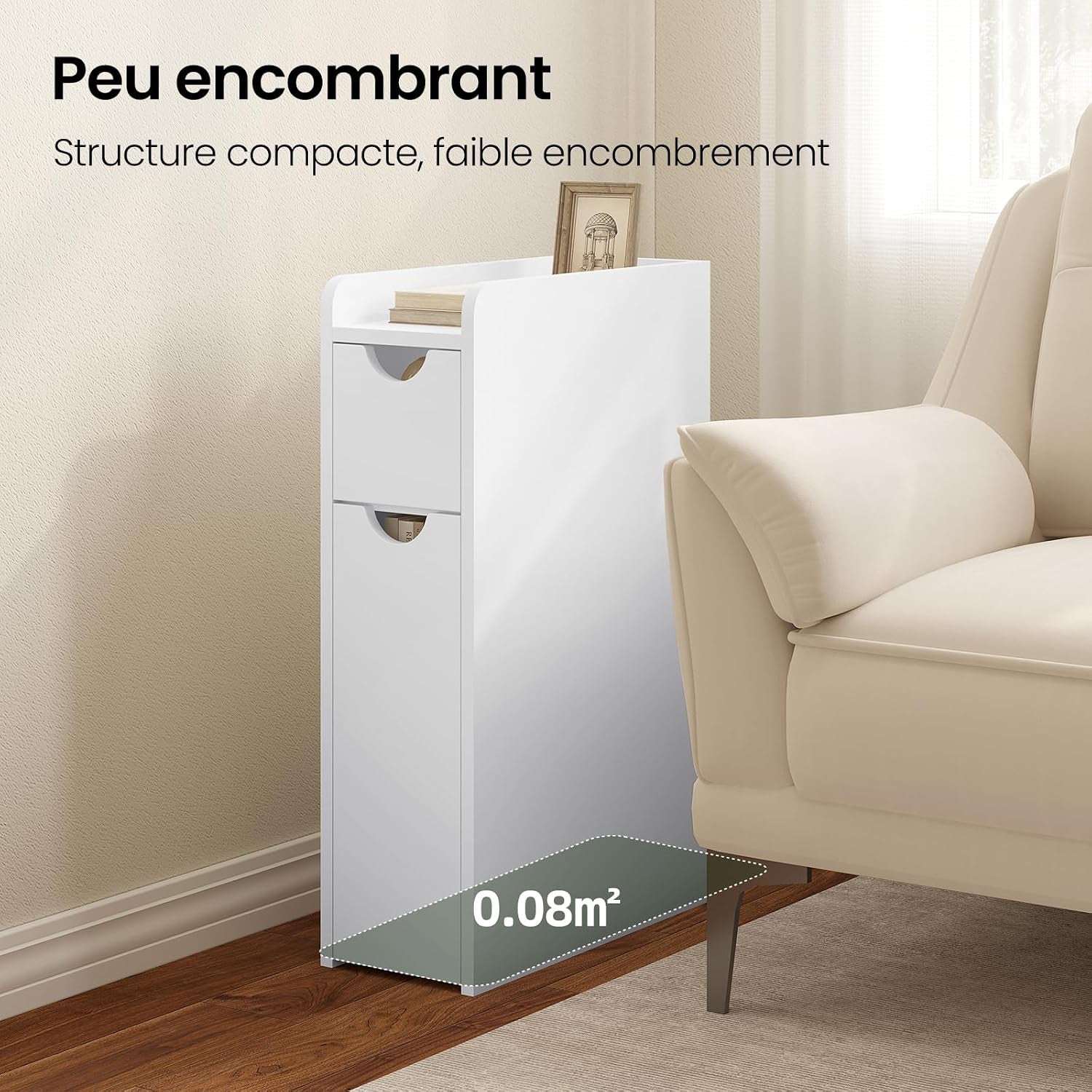 Meuble Salle De Bain, Armoire Salle De Bain Étroite, Avec 2 Tiroirs, En Bois D'Ingénierie, Blanc, 19X45X70Cm