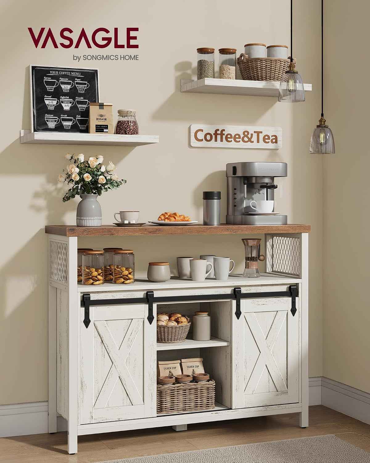 Buffet Cuisine, Meuble De Rangement, Avec 2 Portes Coulissantes | Bahut, Pour Salon, 33 X 100 X 80 Cm, Étagères Réglables, Blanc Rustique Et Blanc Crème, Daxton Collection LSC092W01