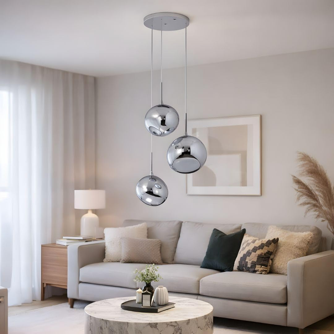 BARCELONA LED Lustre Suspendu Triple En Cristal Moderne "KADNIS" - 3 Lumières E27, Design Style Vintage/Industriel/Scandinave/Rustique, Pour Salon, Chambre D'Ado, Bureau Ou Entrée, Chrome