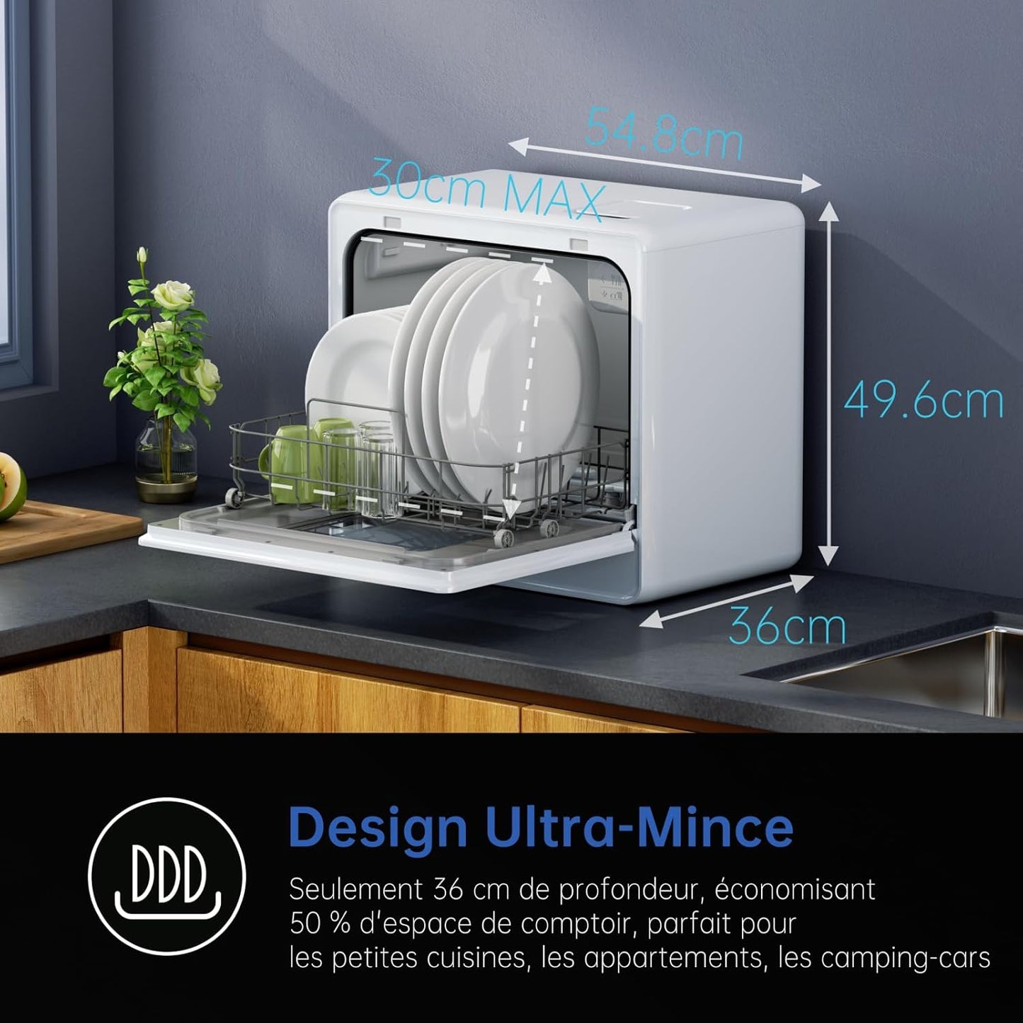 Lave-Vaisselle De Table, Mini Lave-Vaisselle Avec 7 Programmes, Commande Tactile, Affichage À LED, Réservoir D'Eau 5L, Lave-Vaisselle Compact Pour Appartements, Camping, Dortoirs, Blanc