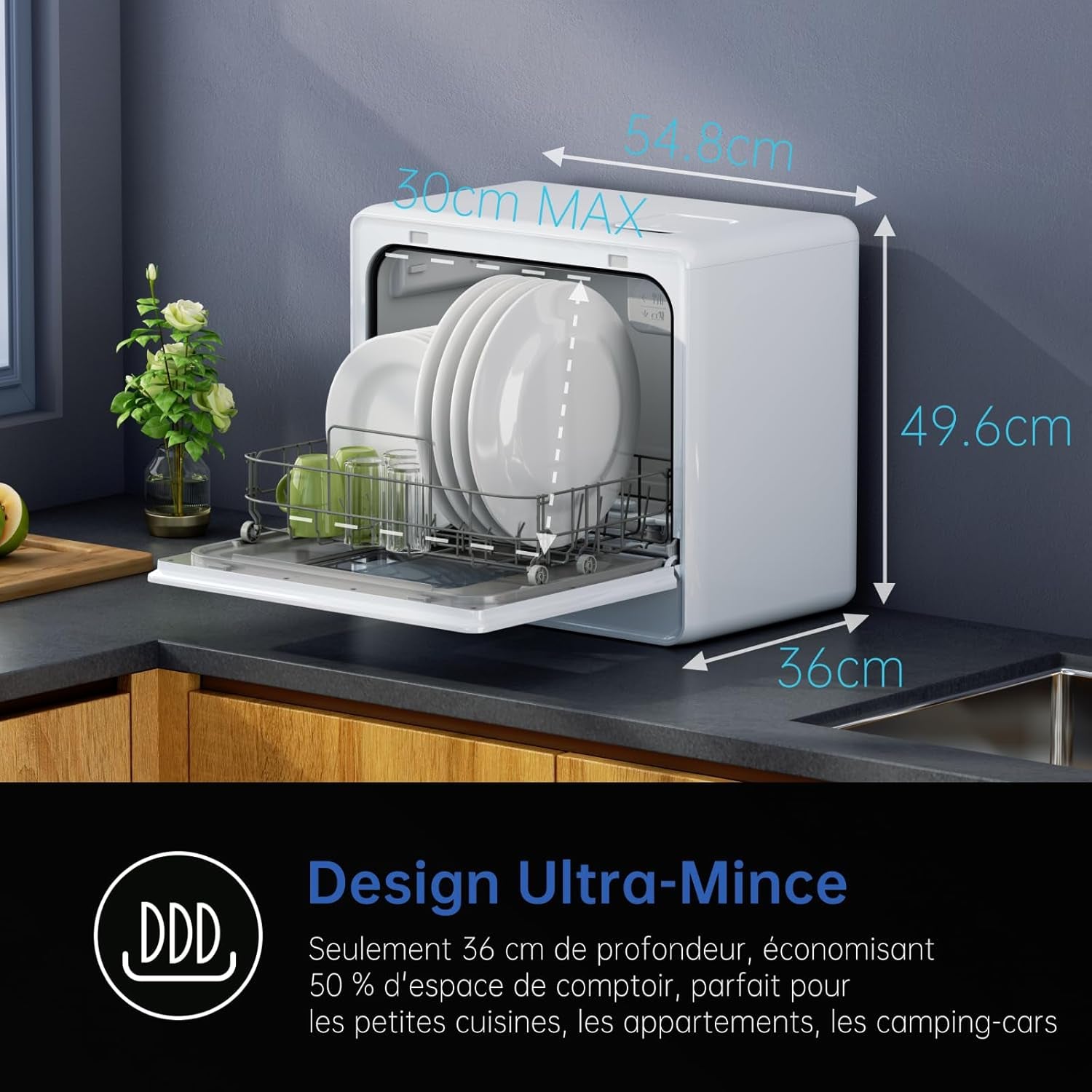 Lave-Vaisselle De Table, Mini Lave-Vaisselle Avec 7 Programmes, Commande Tactile, Affichage À LED, Réservoir D'Eau 5L, Lave-Vaisselle Compact Pour Appartements, Camping, Dortoirs, Blanc