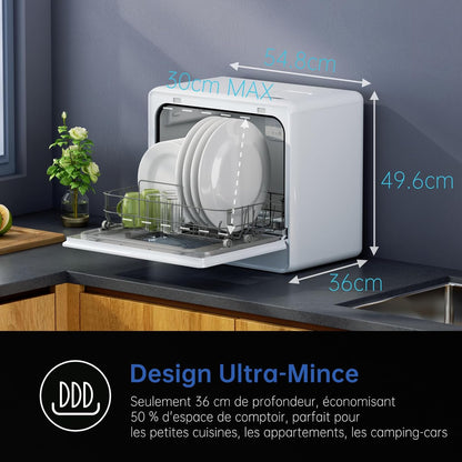 Lave-Vaisselle De Table, Mini Lave-Vaisselle Avec 7 Programmes, Commande Tactile, Affichage À LED, Réservoir D'Eau 5L, Lave-Vaisselle Compact Pour Appartements, Camping, Dortoirs, Blanc