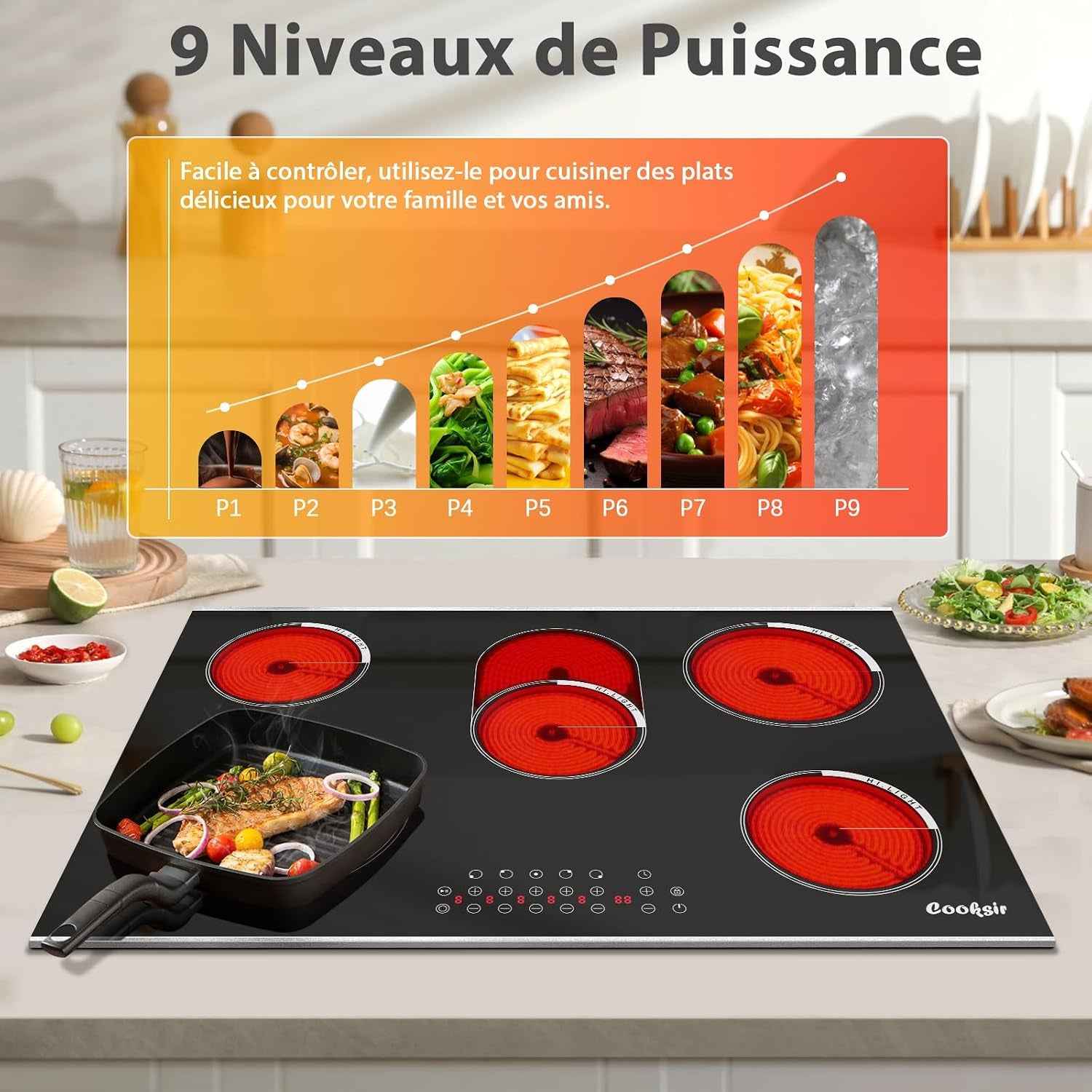 Plaque Vitrocéramique 5 Feux Avec Cadre | Plaque Électrique Encastrable 77CM, Contrôle Tactile Indépendant, 8400W, Zone Ovale Pour Grillade, Pause, Minuterie, 220V