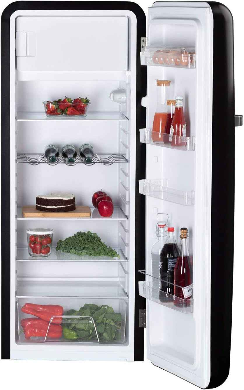 / RETRO FRIDGE 150 Silver/Réfrigérateur Noir Avec Poignée Argent Et Congélateur 281L / 102W, Faible Consommation, 150 Cm, 3 Étagères, Régulateur De Température, 60X60X150 Cm