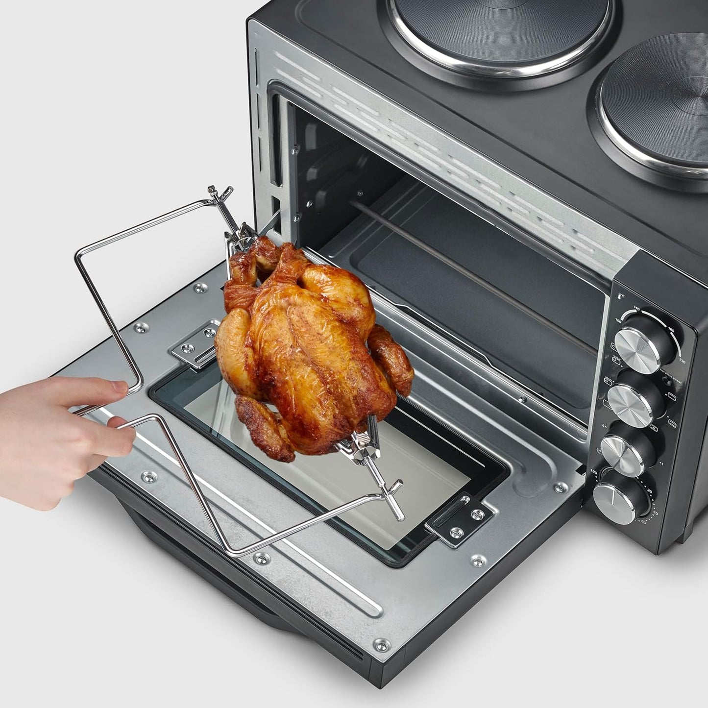 Mini-Four À Chaleur Tournante 30 L Avec Tournebroche Et Plaques De Cuisson, Four Posable 2 500 W Design Élégant, Mini-Four Électrique Minuteur 120 Min, Noir/Inox, to 2074