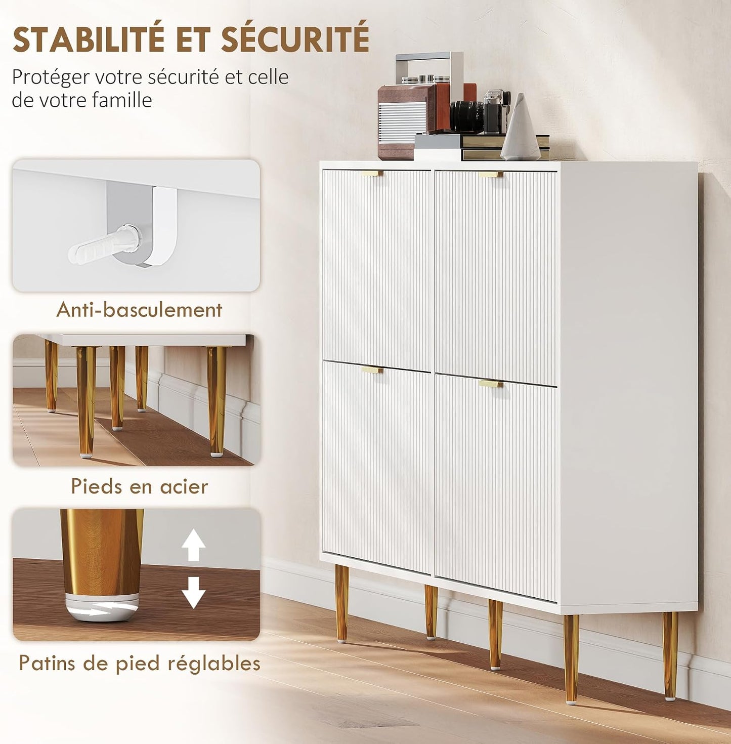Meuble À Chaussures 20 Paires 4 Tiroirs 105 X 24 X 91,5 Cm Blanc | Armoire À Chaussures Étroite Moderne, Portes Cannelées, Étagères Réglables, Pour Couloir Et Entrée
