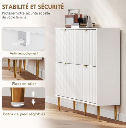 Meuble À Chaussures 20 Paires 4 Tiroirs 105 X 24 X 91,5 Cm Blanc | Armoire À Chaussures Étroite Moderne, Portes Cannelées, Étagères Réglables, Pour Couloir Et Entrée