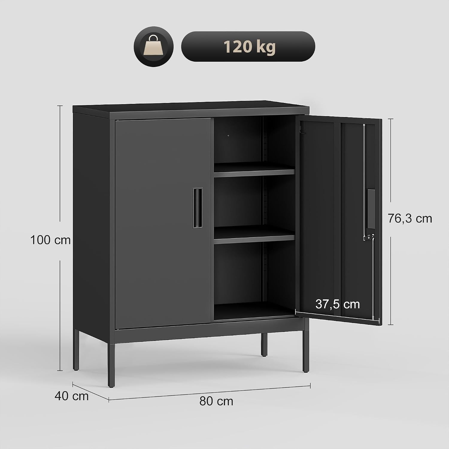 Armoire De Bureau Métallique Avec Serrure 80 X 40 X 100 Cm Noir | Meuble De Rangement En Acier, 2 Portes, 2 Étagères Réglables, Classeur Rangement Documents Industriel, Bureau Ou Garage