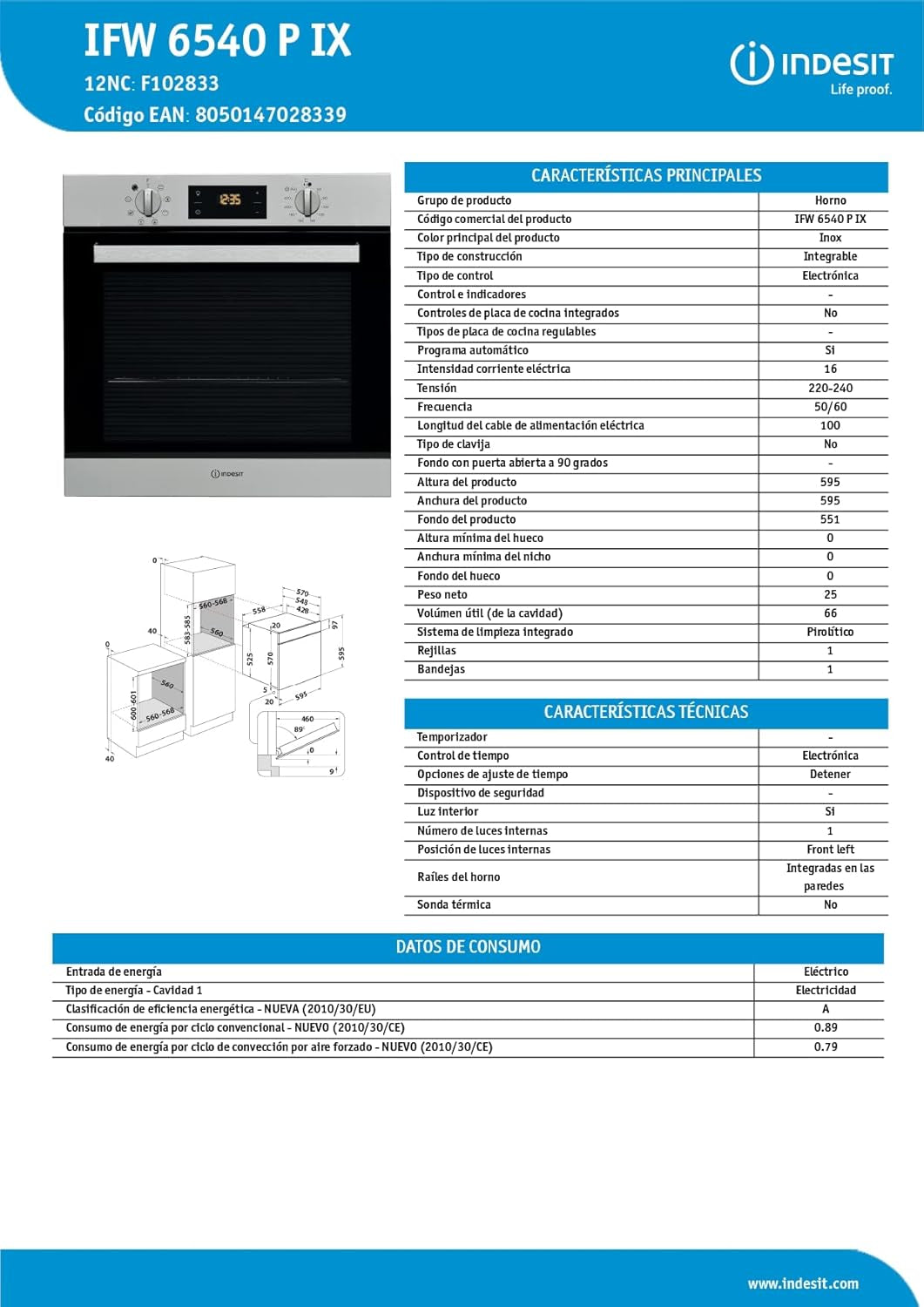 INDESIT Four Encastrable Pyrolyse IFW6540PIX, 66 Litres, 7 Modes De Cuisson