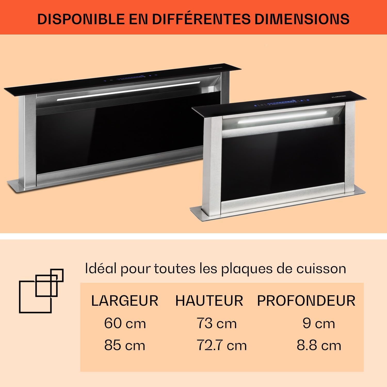 Klarstein Downdraft Hotte Aspirante 90Cm, Encastrable Et Silencieuse Pour Cuisine, Débit D'Air 604M³/H, Filtres Inclus, 10 Modes De Ventilation, Mode Recirculation En Option, Efficacité Énergétique A+