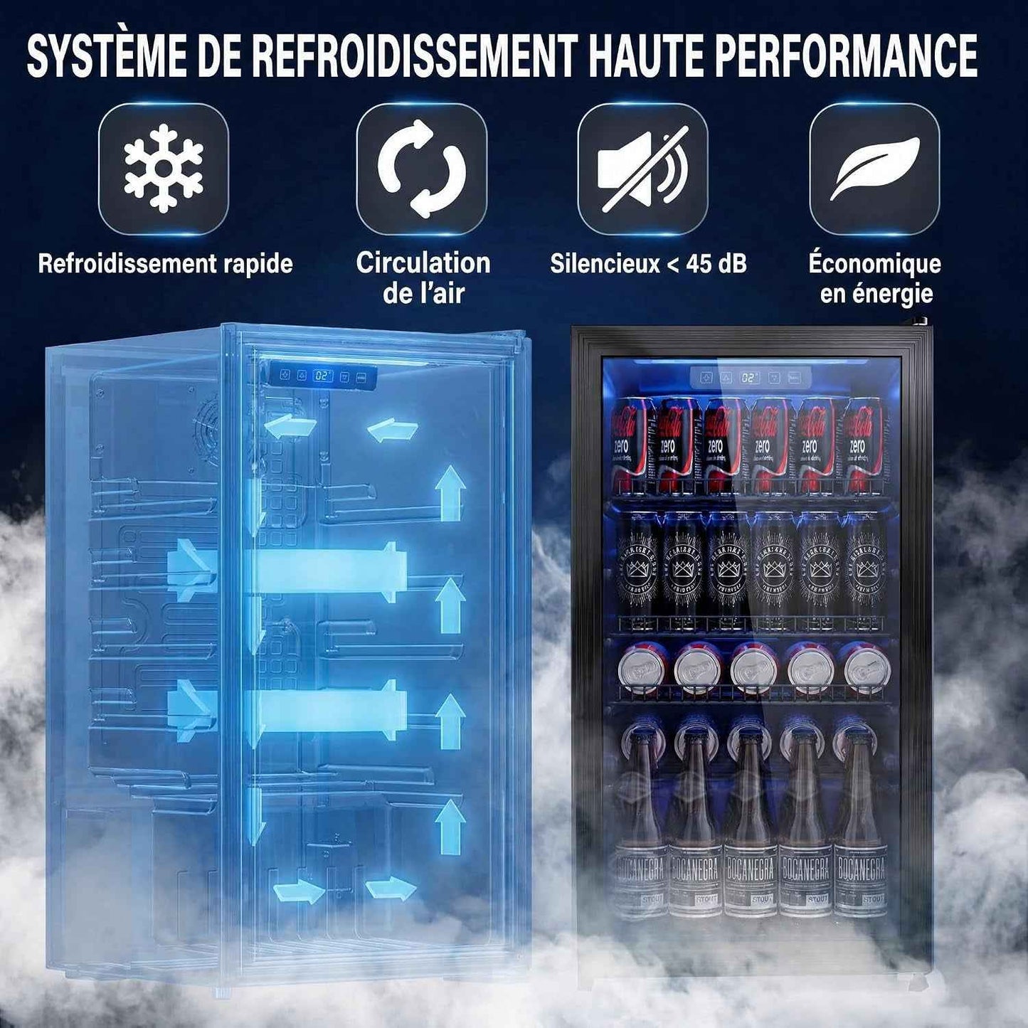 Réfrigérateur À Boissons 90L | Refroidissement Uniforme Et Sans Givre, 3 Étagères Réglables Pour 125 Canettes | Silencieux Pour Bar, Bureau & Maison – Noir
