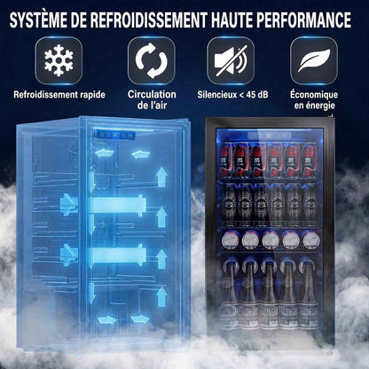 Réfrigérateur À Boissons 90L | Refroidissement Uniforme Et Sans Givre, 3 Étagères Réglables Pour 125 Canettes | Silencieux Pour Bar, Bureau & Maison – Noir