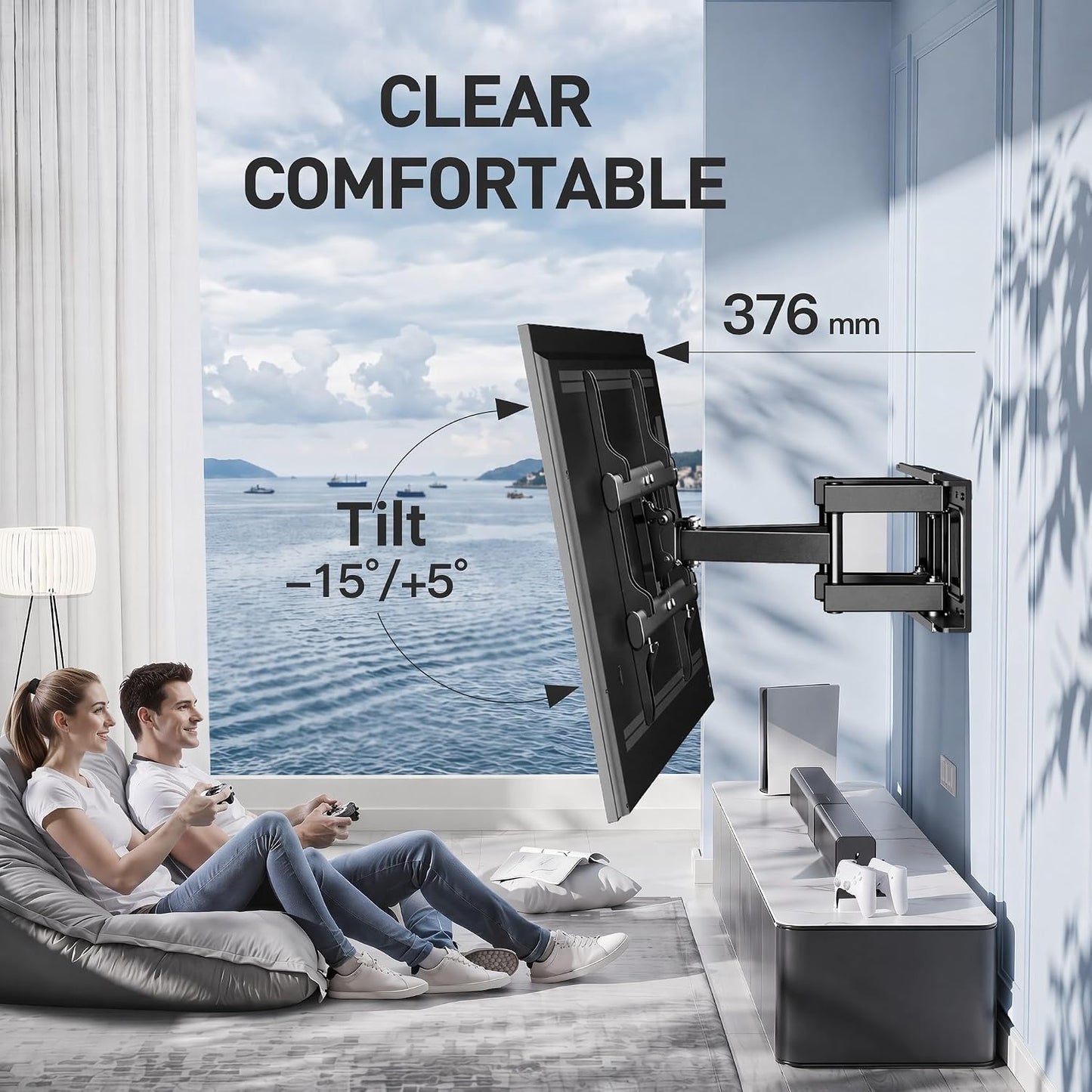 Support Mural TV, Pour 37-85 Pouces (94-216Cm) Tvs Jusqu'À 60Kg | Double Bras Robuste, Fixation TV Mural Orientable Et Inclinable 55 65 Pouces, Max VESA 600X400Mm