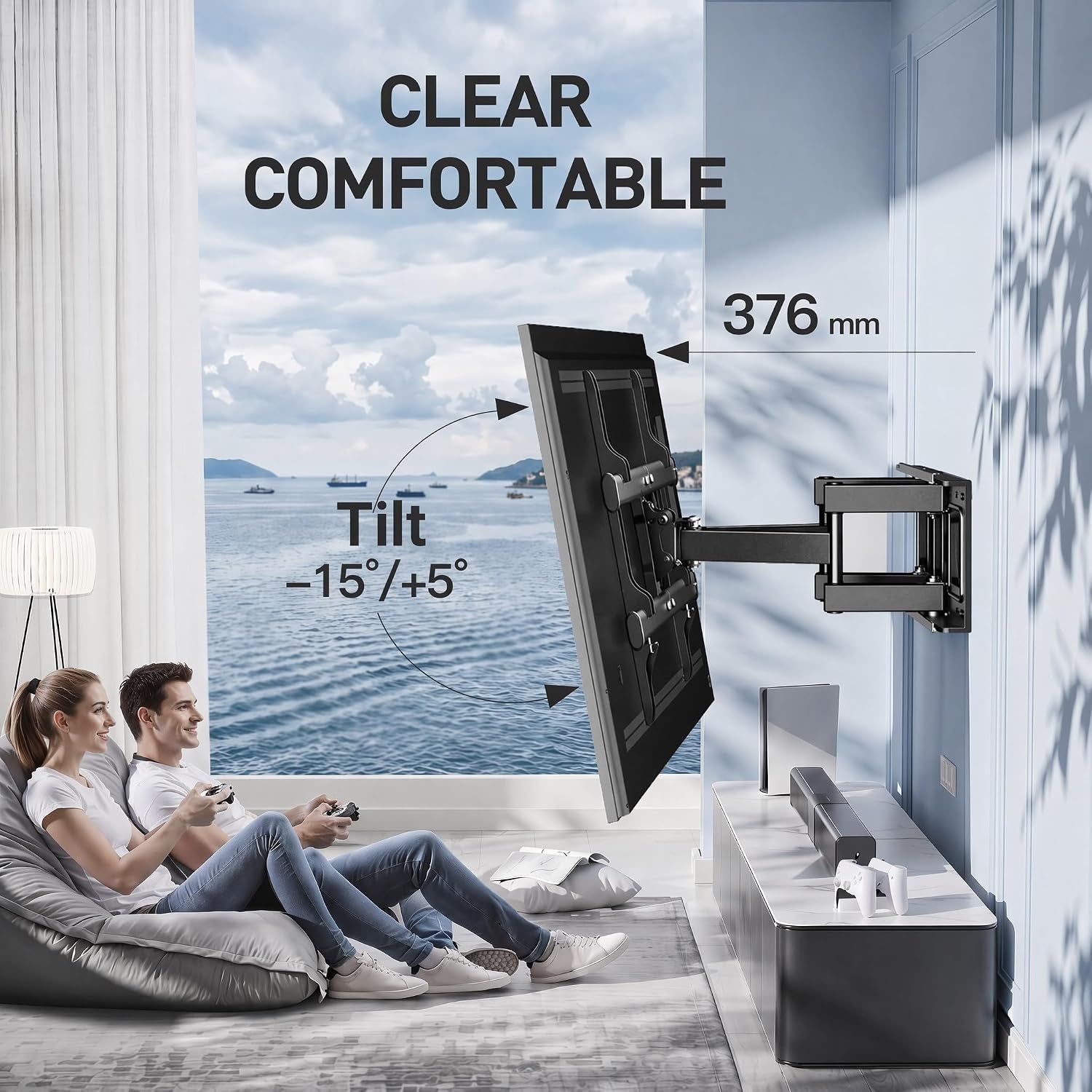 Support Mural TV, Pour 37-85 Pouces (94-216Cm) Tvs Jusqu'À 60Kg | Double Bras Robuste, Fixation TV Mural Orientable Et Inclinable 55 65 Pouces, Max VESA 600X400Mm