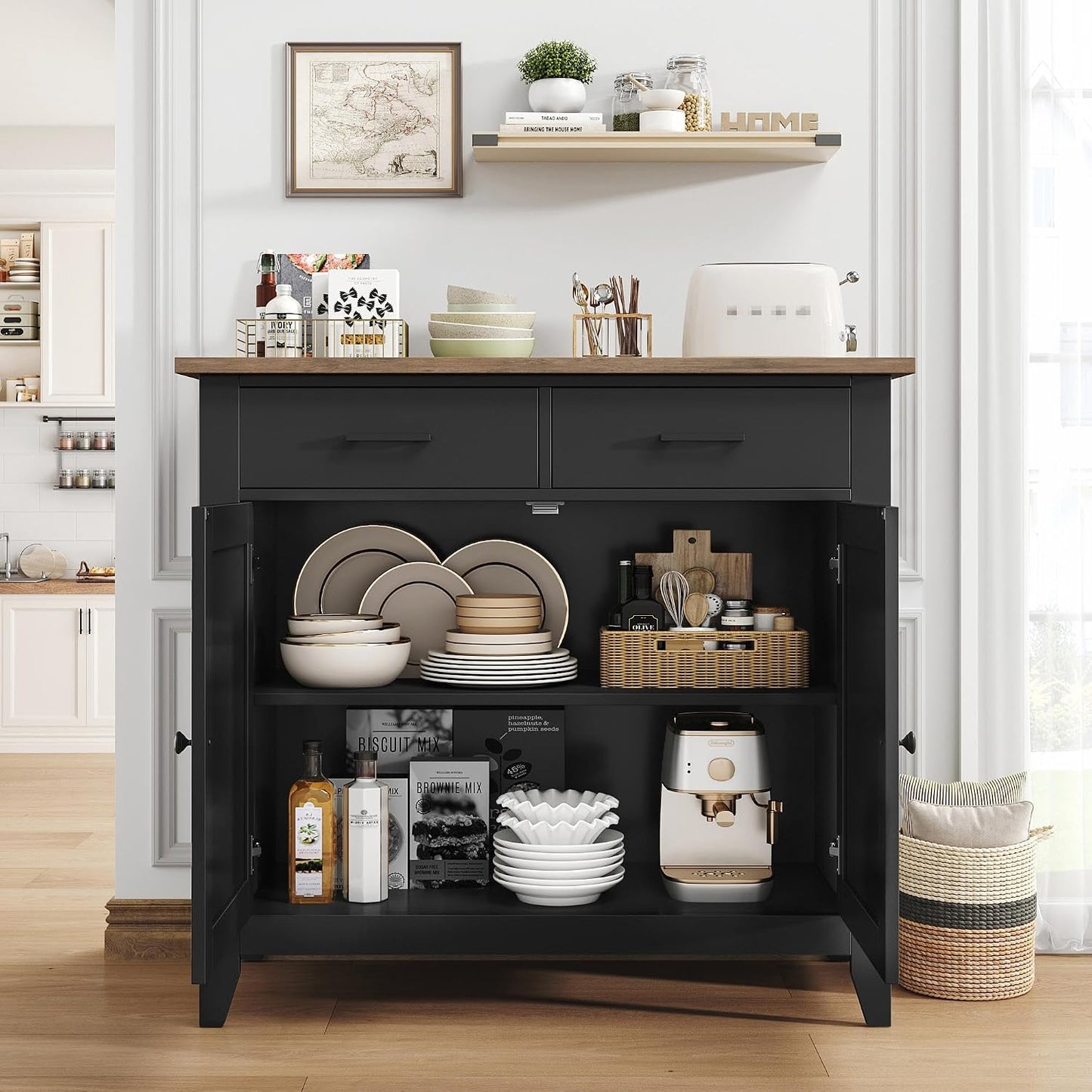 Meuble De Rangement, Buffet Cuisine, Placard De Salle À Manger | Buffet Avec 2 Portes Et 2 Tiroirs Salon 40P X 91L X 82H Cm, Blanc/Noir/ Vert/ Bleu