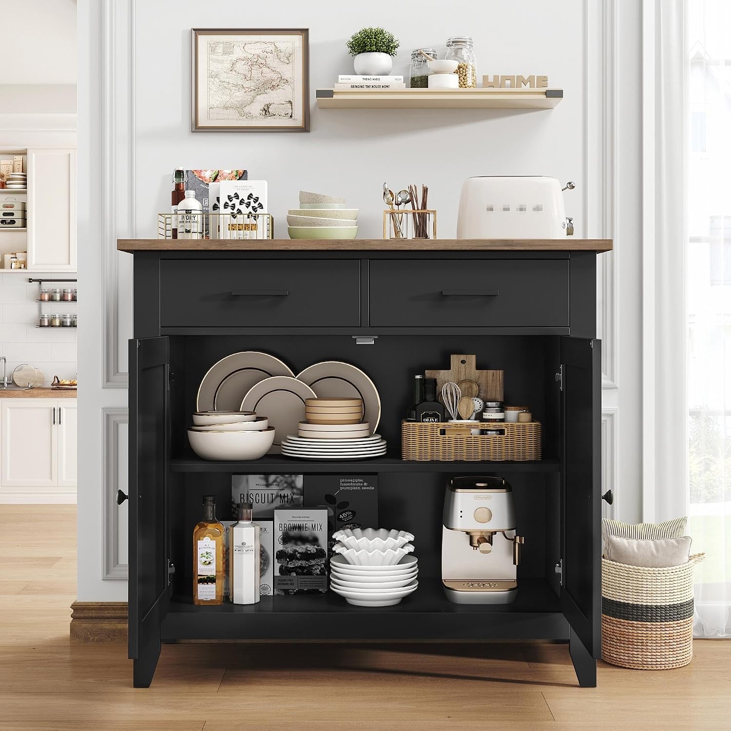 Meuble De Rangement, Buffet Cuisine, Placard De Salle À Manger | Buffet Avec 2 Portes Et 2 Tiroirs Salon 40P X 91L X 82H Cm, Blanc/Noir/ Vert/ Bleu