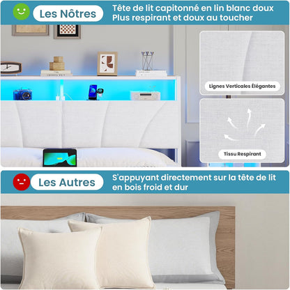 Lit 180X200 Avec Sommier Métal, Cadre De Lit 180X200 Cm Avec Lumières LED Et Multiprise (2 Prises AC, 2 Ports USB) Lit 2 Personnes Avec Tête De Lit Rembourrée Et Rangement, Moderne, Blanc