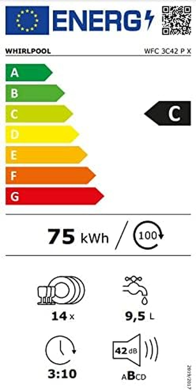 Whirlpool Lave Vaisselle 60 Cm WFC 3 C 42 PX, Autoportant, Acier Inoxydable, Gris, Noir