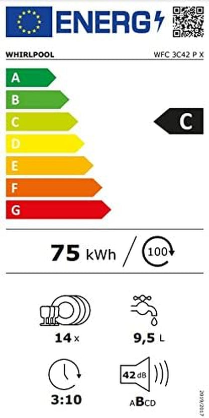 Whirlpool Lave Vaisselle 60 Cm WFC 3 C 42 PX, Autoportant, Acier Inoxydable, Gris, Noir
