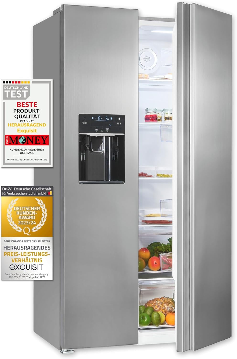 Exquisit SBS520-CF-040E Side by Side Kühlschrank, 91 Cm Breit, 475L, Nofrost, Ice-Maker, Festwasseranschluss, Inoxlook