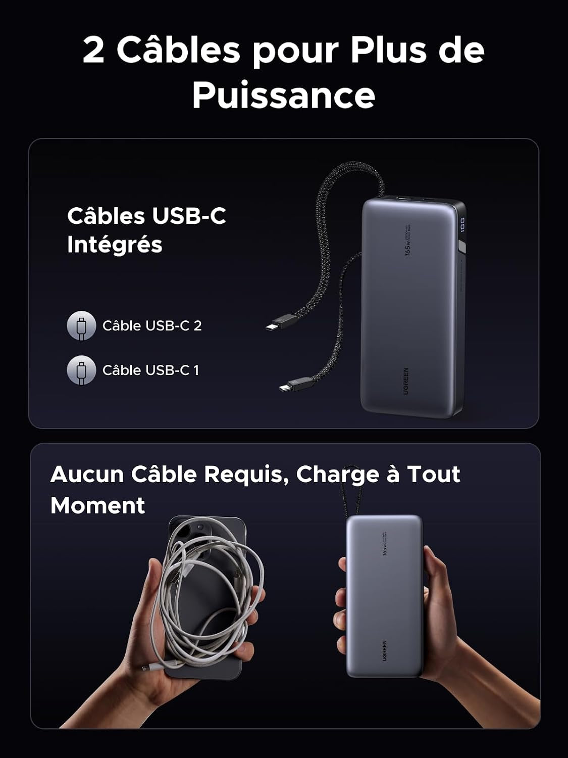 Nexode 165W Batterie Externe 25000Mah Power Bank Charge Rapide 140W | 4 EN 1, 2 Câbles USB C, 2 Ports 1C1A, Chargeur Portable PC, LED, Compatible Avec Iphone 17 16 15 Galaxy S26 S25 Ipad Macbook