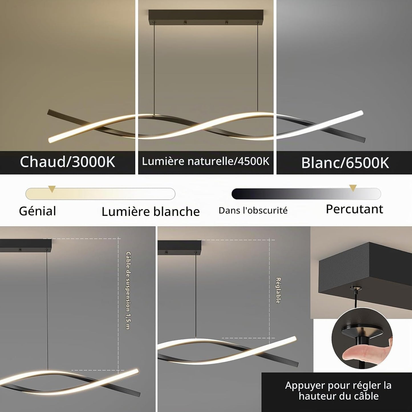 Lampe De Table De Salle À Manger Suspendue 100Cm, Lampe De Table De Salle À Manger Noire Avec Télécommande, Luminosité Réglable De 1% À 100% Et 3 Couleurs De Lumière Chandelier De Cuisine