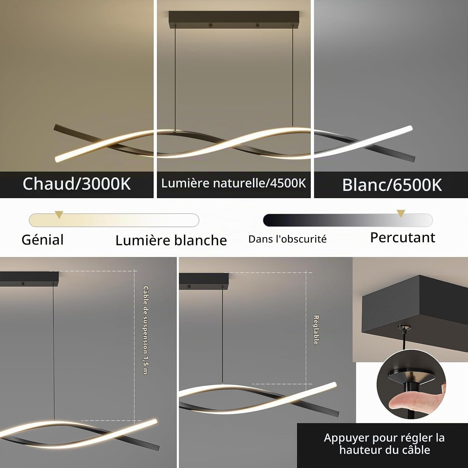 Lampe De Table De Salle À Manger Suspendue 100Cm, Lampe De Table De Salle À Manger Noire Avec Télécommande, Luminosité Réglable De 1% À 100% Et 3 Couleurs De Lumière Chandelier De Cuisine