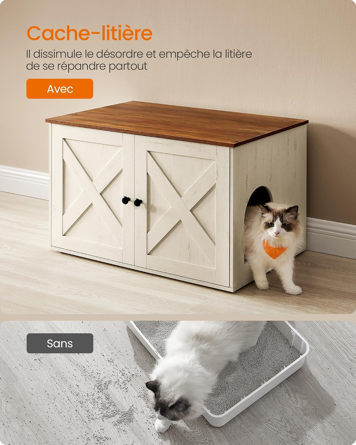 Maison De Toilettes Pour Chat, Niche, Meuble Litière Chat, Avec Séparateur Amovible, Cache-Litière, Table Basse, 80 X 53 X 50 Cm, Marron Miel Et Blanc Rustique PCL002P01V1