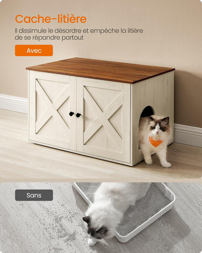 Maison De Toilettes Pour Chat, Niche, Meuble Litière Chat, Avec Séparateur Amovible, Cache-Litière, Table Basse, 80 X 53 X 50 Cm, Marron Miel Et Blanc Rustique PCL002P01V1