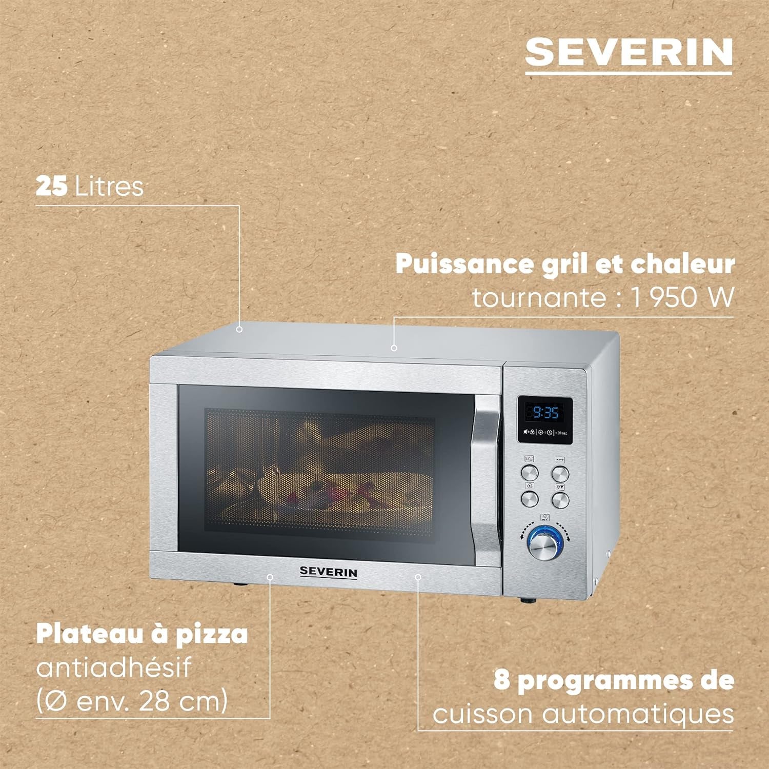 Four À Micro-Ondes 25 L, 1 950 W, Four Micro-Onde Avec Fonction Gril Et Chaleur Tournante Brassée, Micro-Onde Avec 10 Niveaux De Puissance, Plateau À Pizza Amovible (? 28 Cm), Inox,Mw 7774