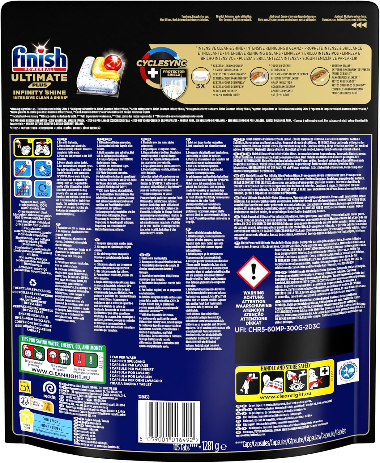 Ultimate plus Infinity Shine Pastilles Lave-Vaisselle Citron, Propreté Intense & Brillance Étincelante,105 Capsules