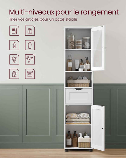 Meuble Salle De Bain, Colonne, Rangement Avec Étagères Réglables, Placards À Porte, Tiroir, Compartiment, Gain De Place, Blanc Nuage BBK163W01