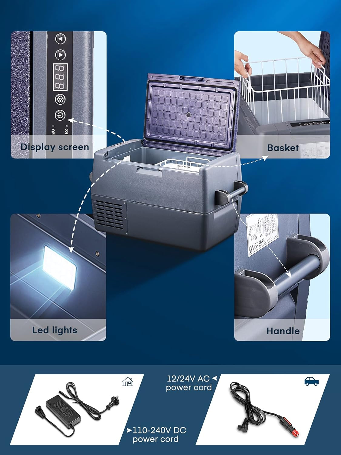 Glacière Electrique Portable, Réfrigérateur À Compresseur 45L, Camping Congélateur(-20℃~+20℃), Porte Amovible, 12/24V DC Et 220-240V AC, Pour Voiture, Camion, Bateau, Véhicules, Camping, Gris